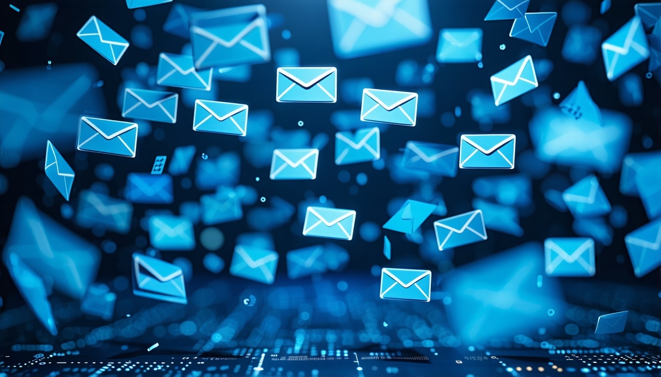 twenty abstract email icons flying through blue cyberspace background-1